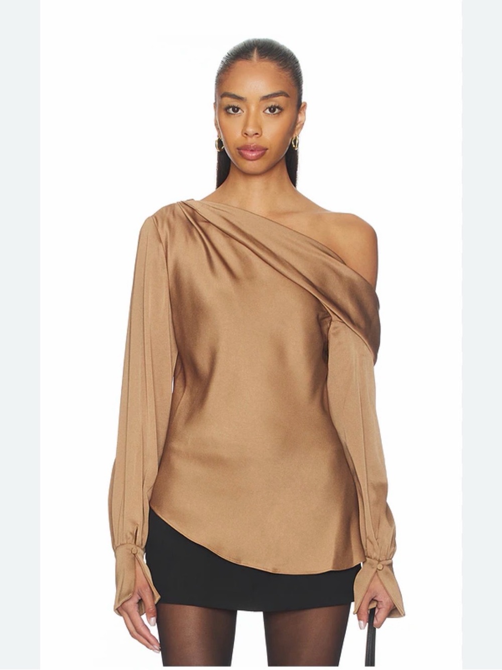 Jonathan Simkhai One-Shoulder Satin Blouse in Tan